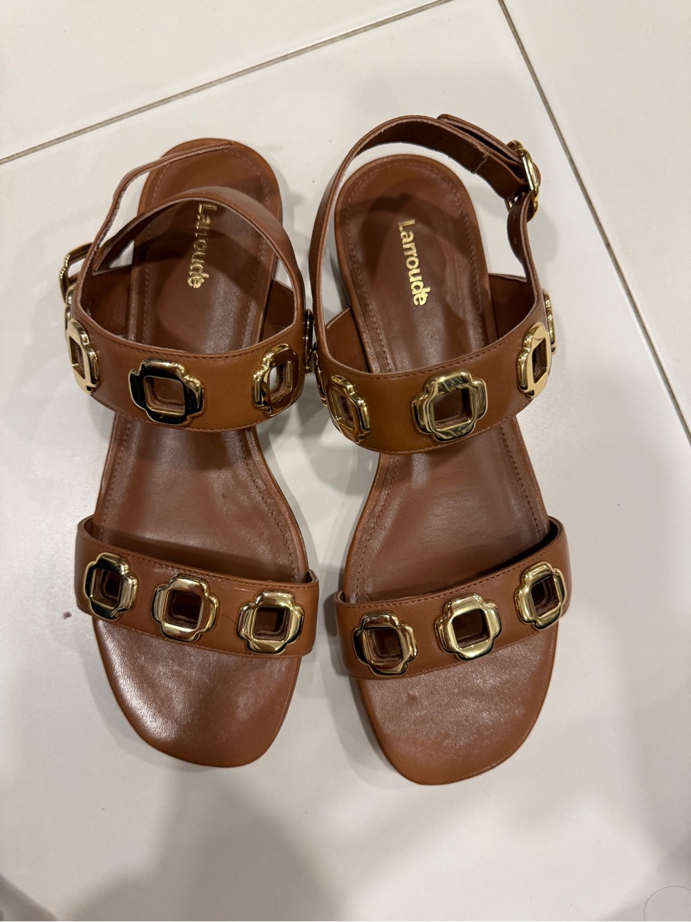 Larroude Tan Leather Sandals with Gold Buckle Accents